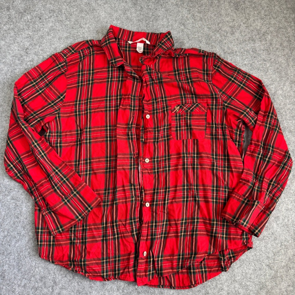 Victoria's Secret Women Pajama Top XL Red Plaid Button Front Chest Pocket